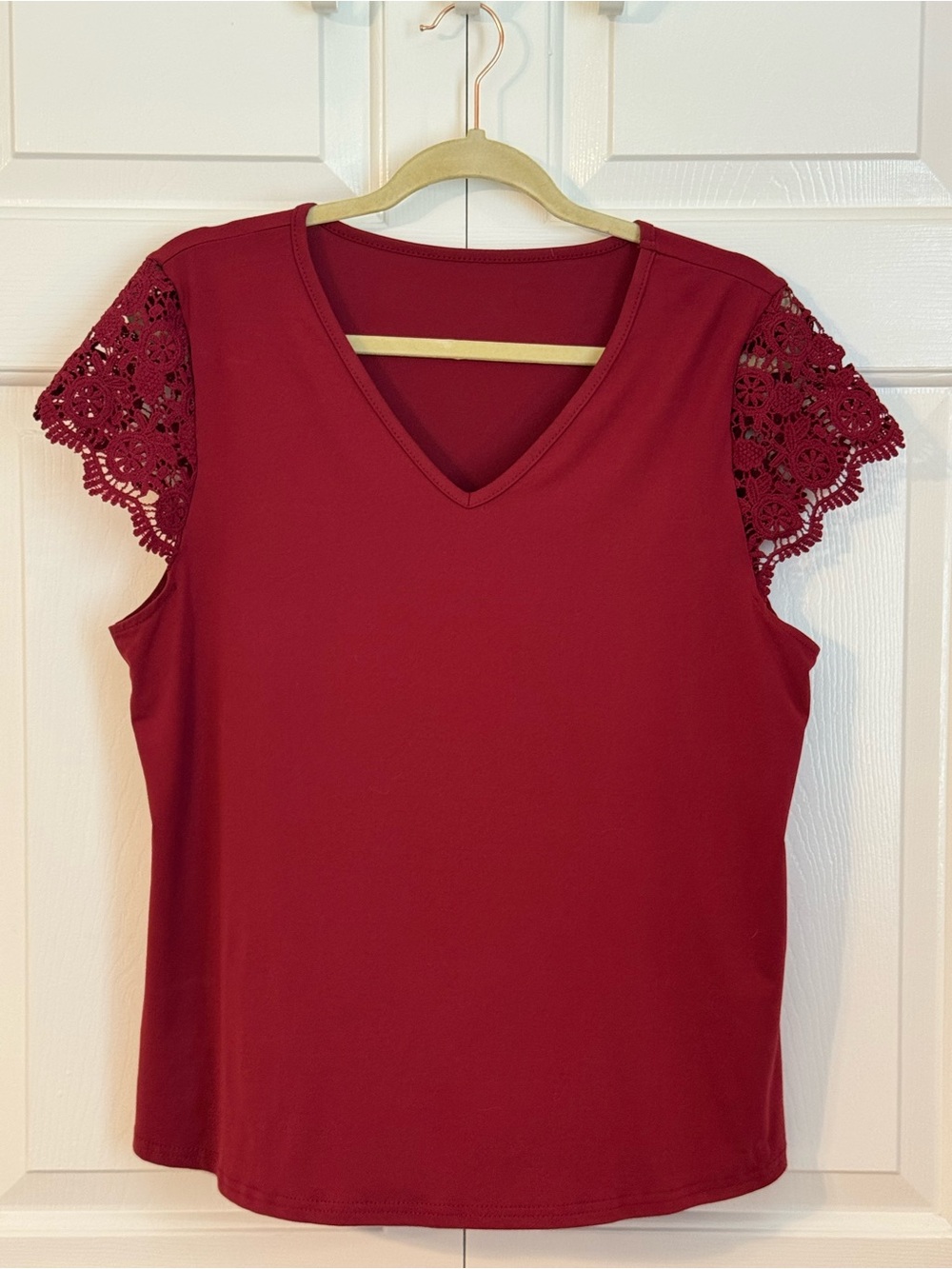 Women's V-Neck Crochet Sleeve Top- Burgundy